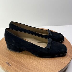 Saks Fifth Folio Black Suede Bow Square Toe Low Heel Pumps Classic Career Sz 5.5